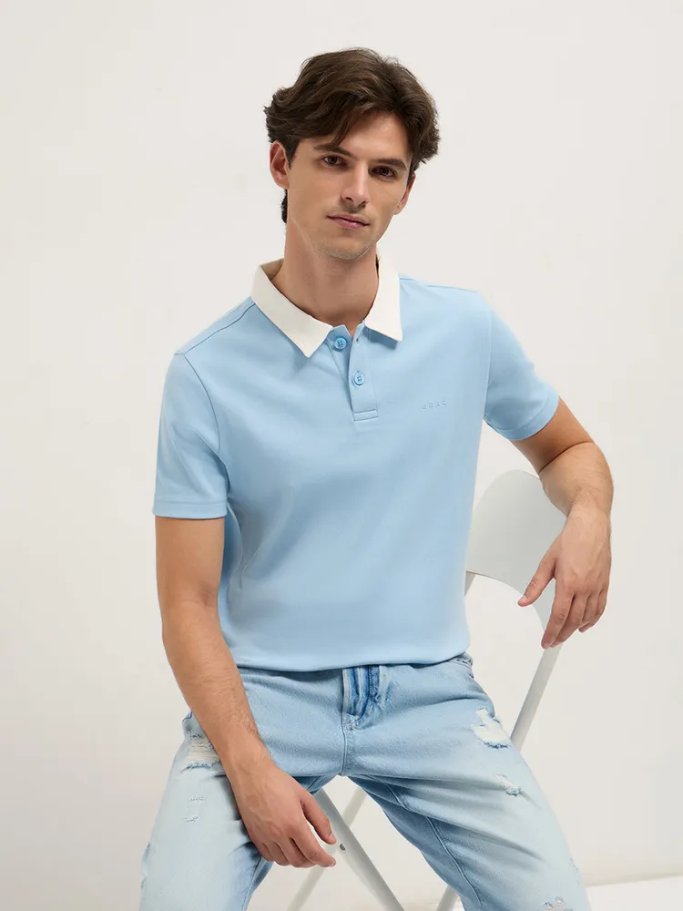 Blue Solid Slim Fit Polo with Contrast Collar Design