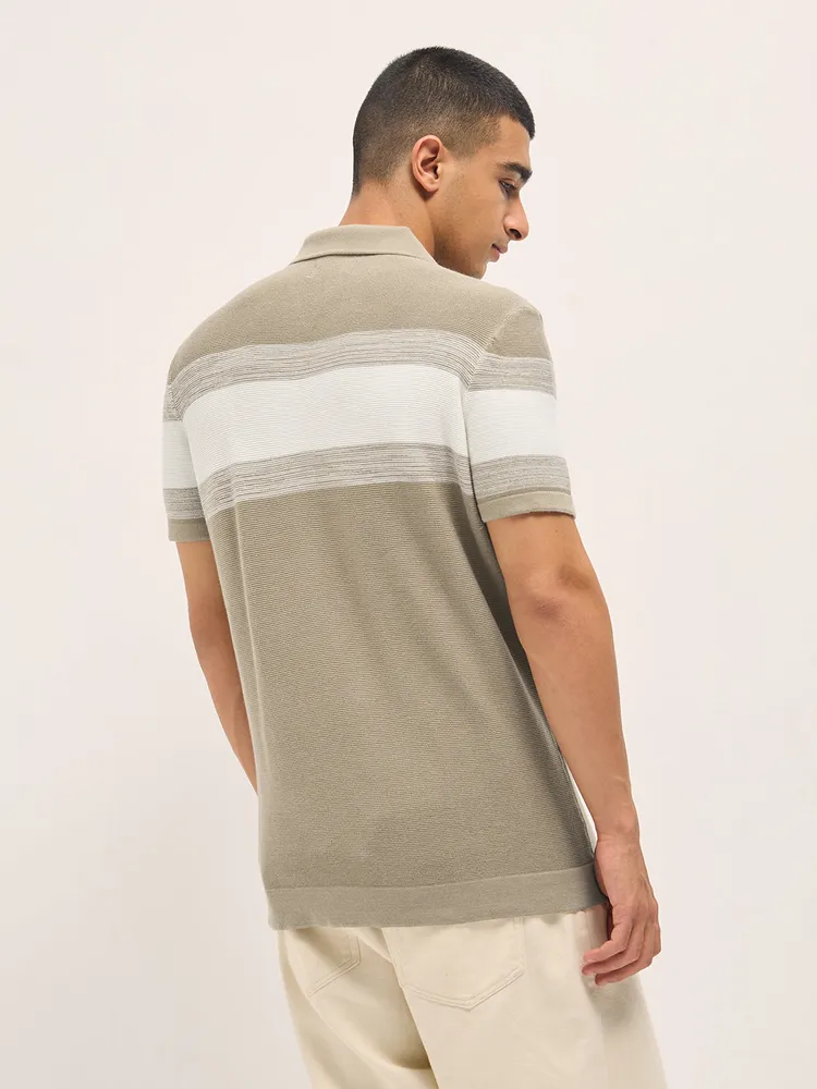 Beige Slim Fit Flat Knit Polo with Ribbed Horizontal Stripe Across Chest
