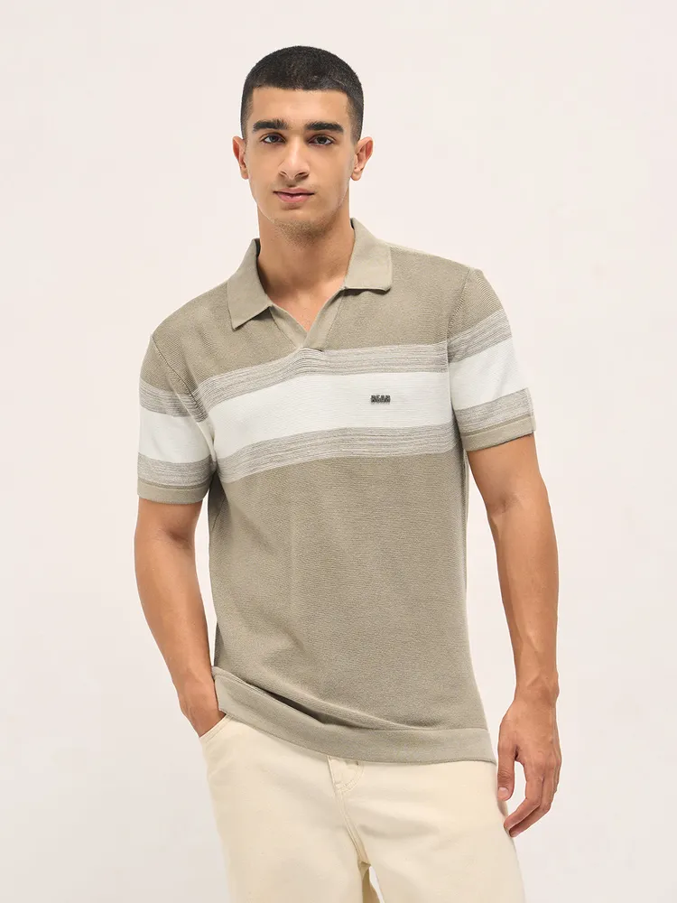 Beige Slim Fit Flat Knit Polo with Ribbed Horizontal Stripe Across Chest