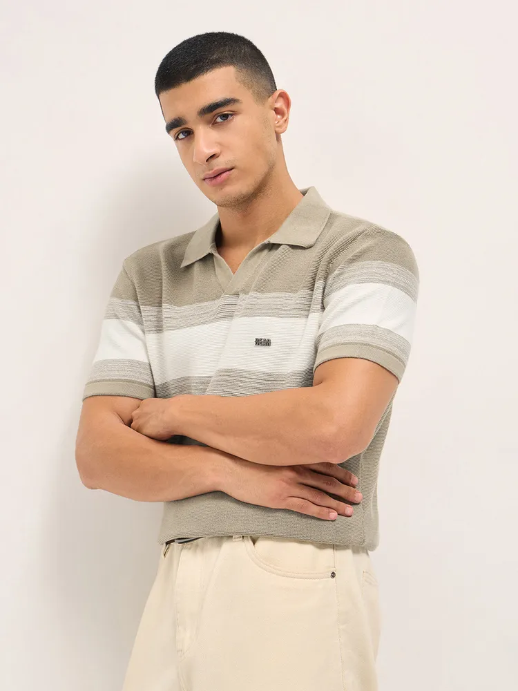 Beige Slim Fit Flat Knit Polo with Ribbed Horizontal Stripe Across Chest