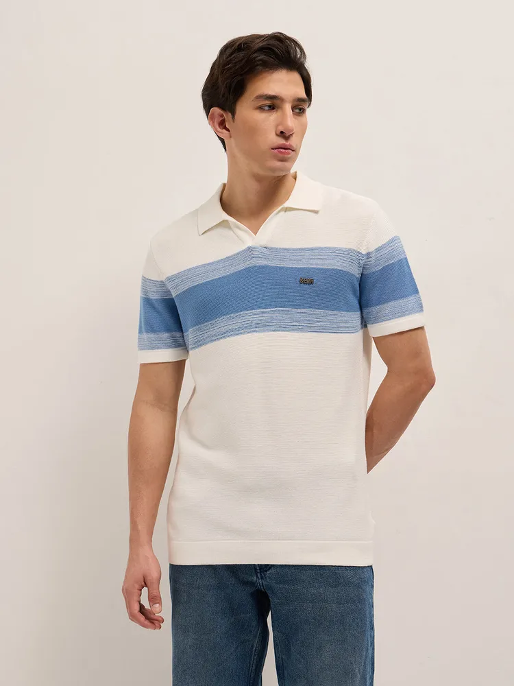 White Slim Fit Flat Knit Polo with Ribbed Horizontal Stripe Across Chest