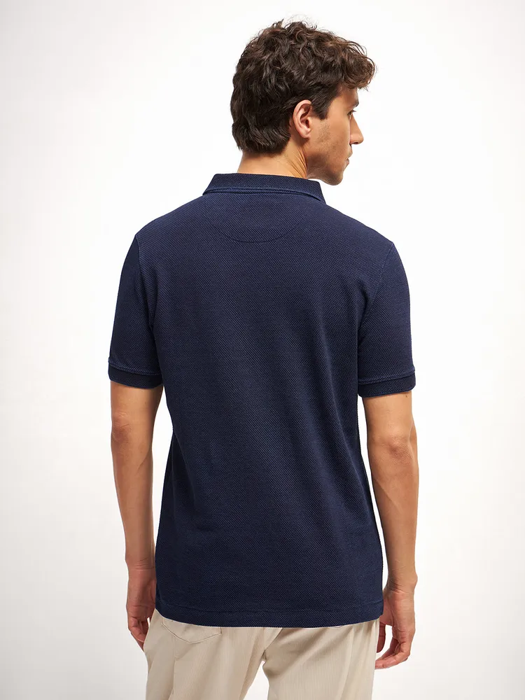 Blue Self Design Regular Fit Polo Collar T-shirt