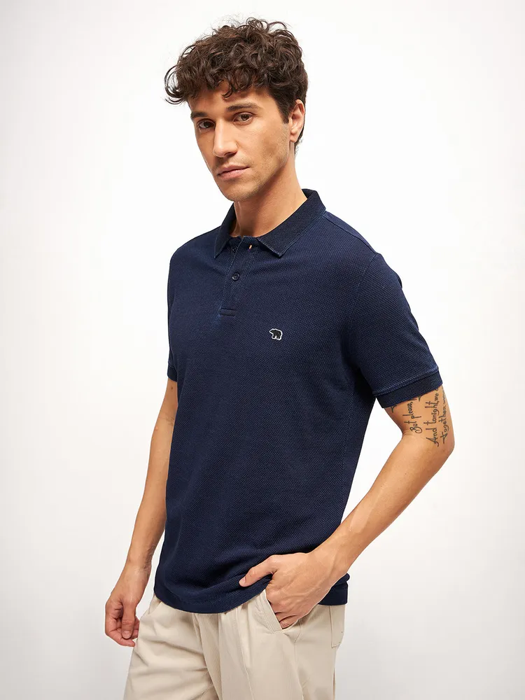 Blue Self Design Regular Fit Polo Collar T-shirt