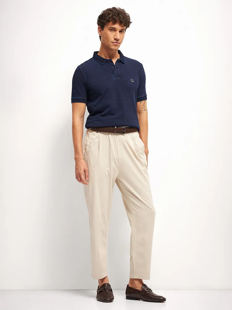 Blue Self Design Regular Fit Polo Collar T-shirt