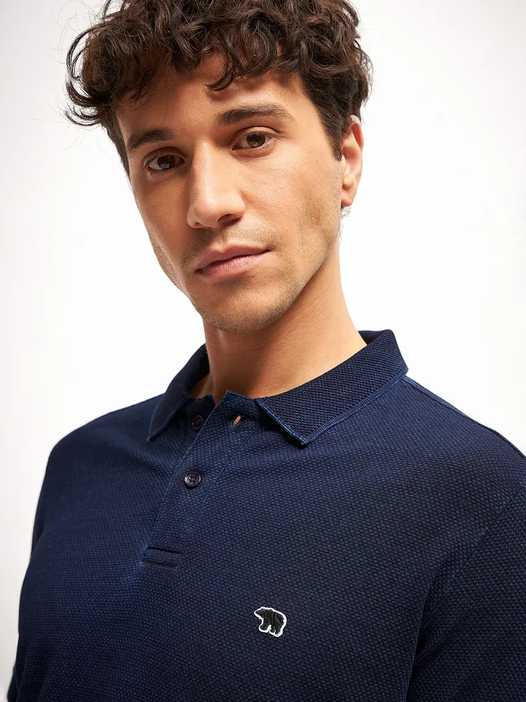 Blue Self Design Regular Fit Polo Collar T-shirt