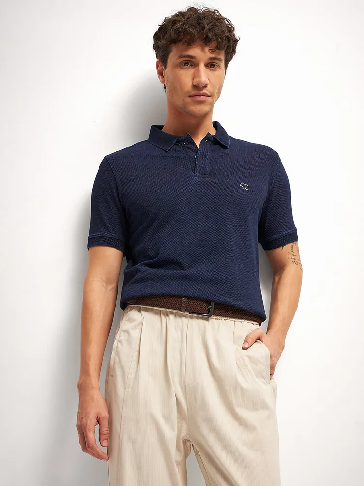Blue Self Design Regular Fit Polo Collar T-shirt