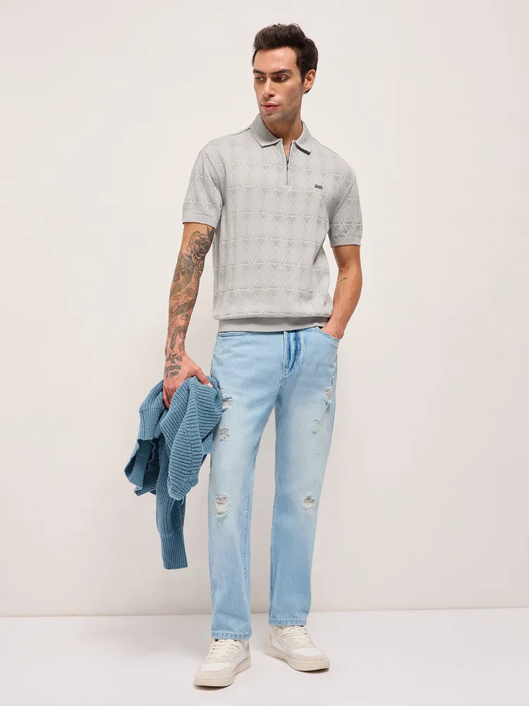 Grey Textured Knit Design Regular Fit Polo with Zipper Placket