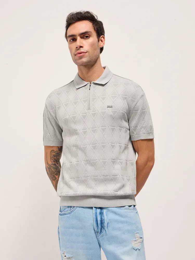 Grey Textured Knit Design Regular Fit Polo with Zipper Placket