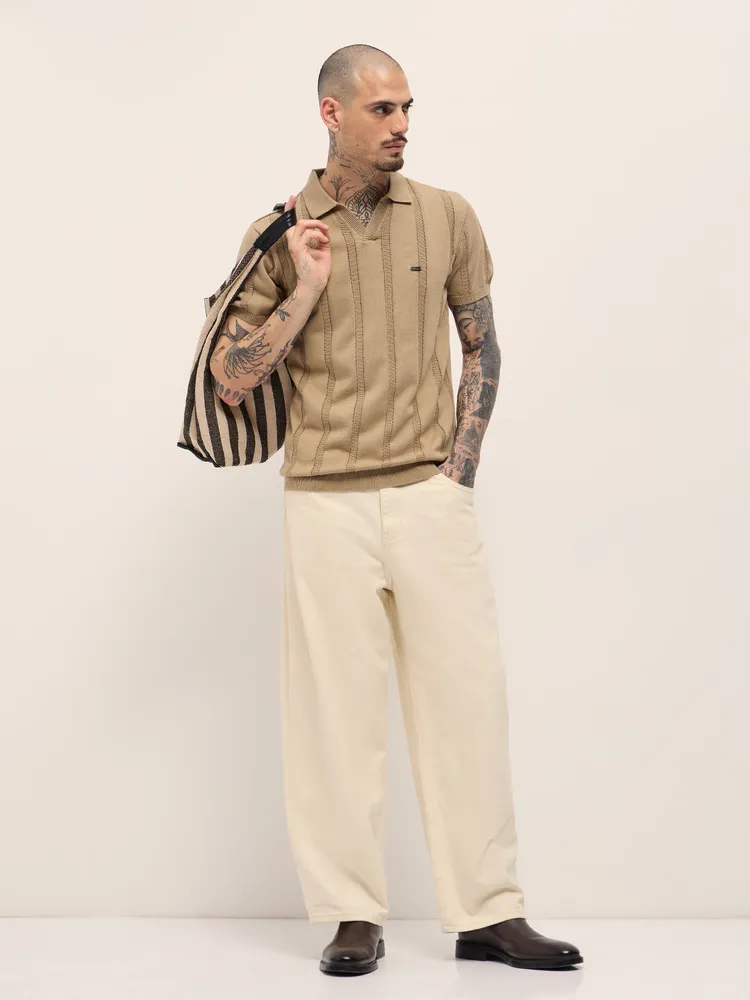 Beige Textured vertical knit stripes Slim Fit Polo