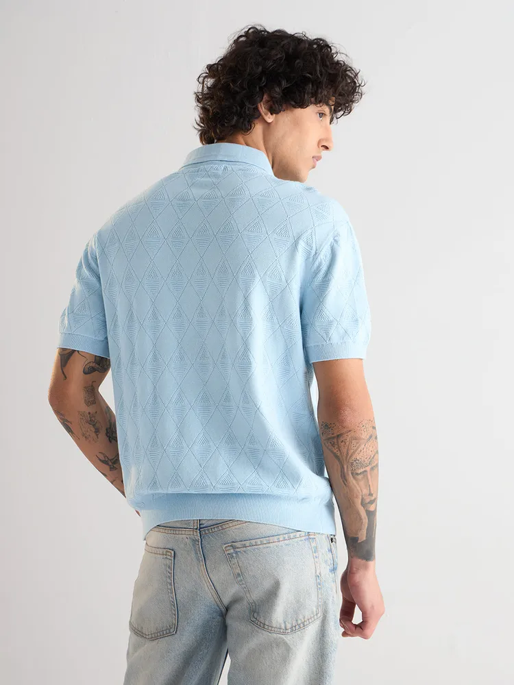 Light Blue Textured Knit Design Regular Fit Polo with Zipper Placket