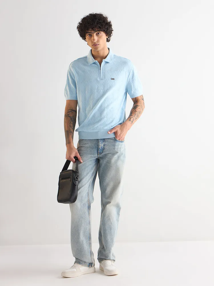Light Blue Textured Knit Design Regular Fit Polo with Zipper Placket