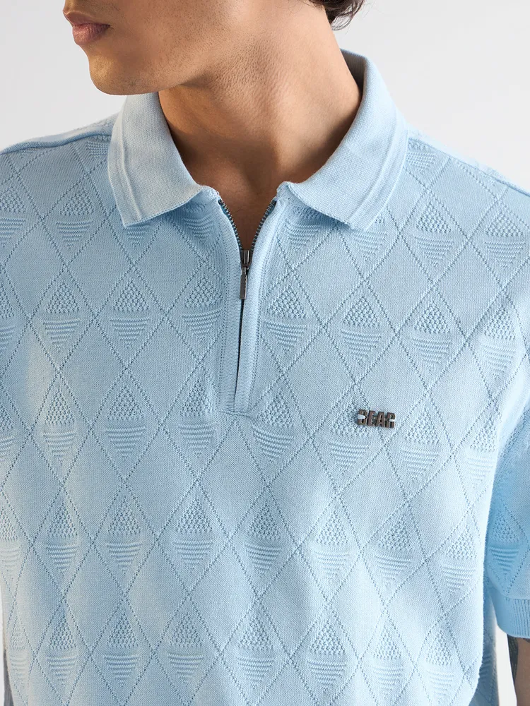 Light Blue Textured Knit Design Regular Fit Polo with Zipper Placket