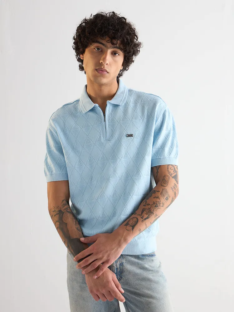 Light Blue Textured Knit Design Regular Fit Polo with Zipper Placket