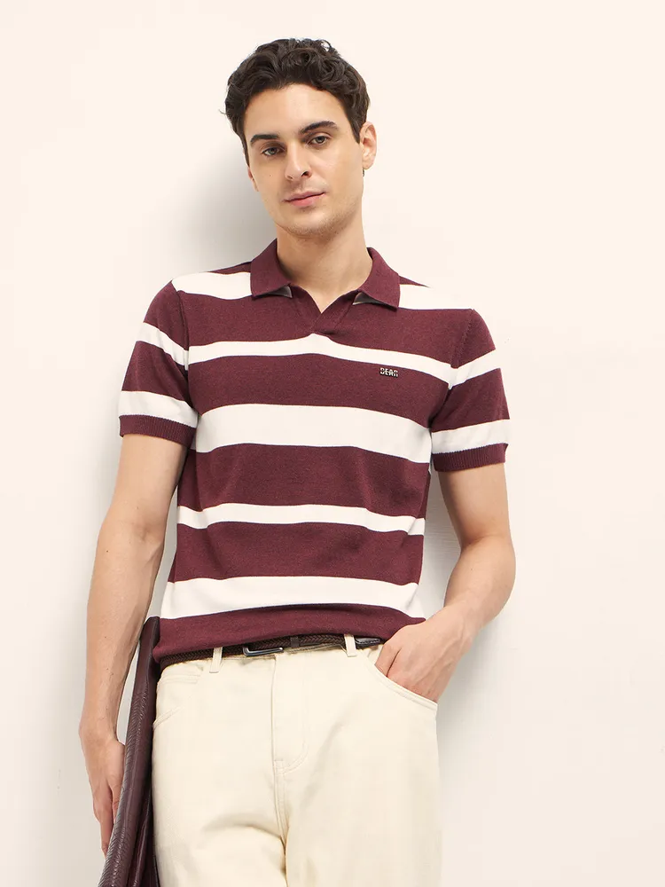 Maroon and White Horizontal Stripes Slim Fit Polo