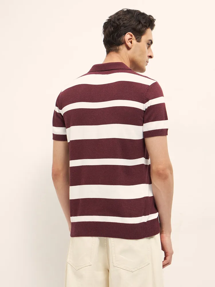 Maroon and White Horizontal Stripes Slim Fit Polo