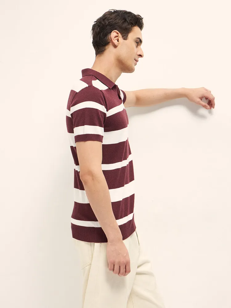 Maroon and White Horizontal Stripes Slim Fit Polo