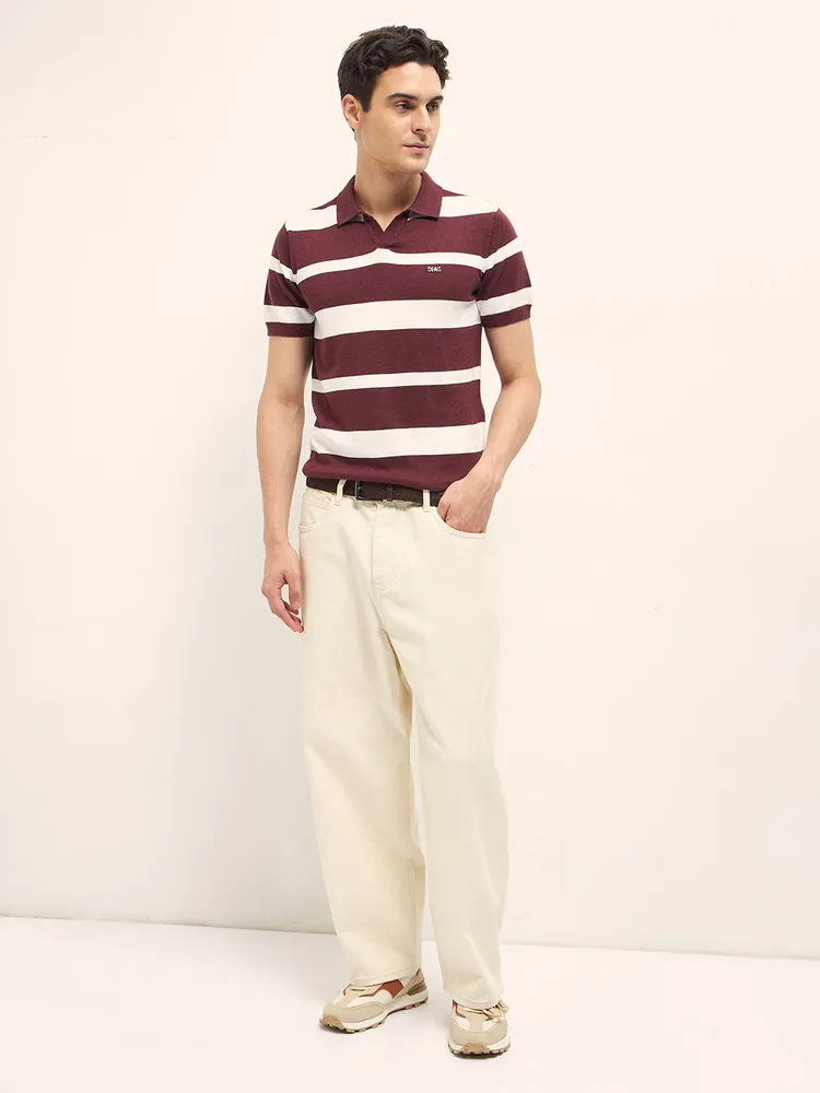 Maroon and White Horizontal Stripes Slim Fit Polo