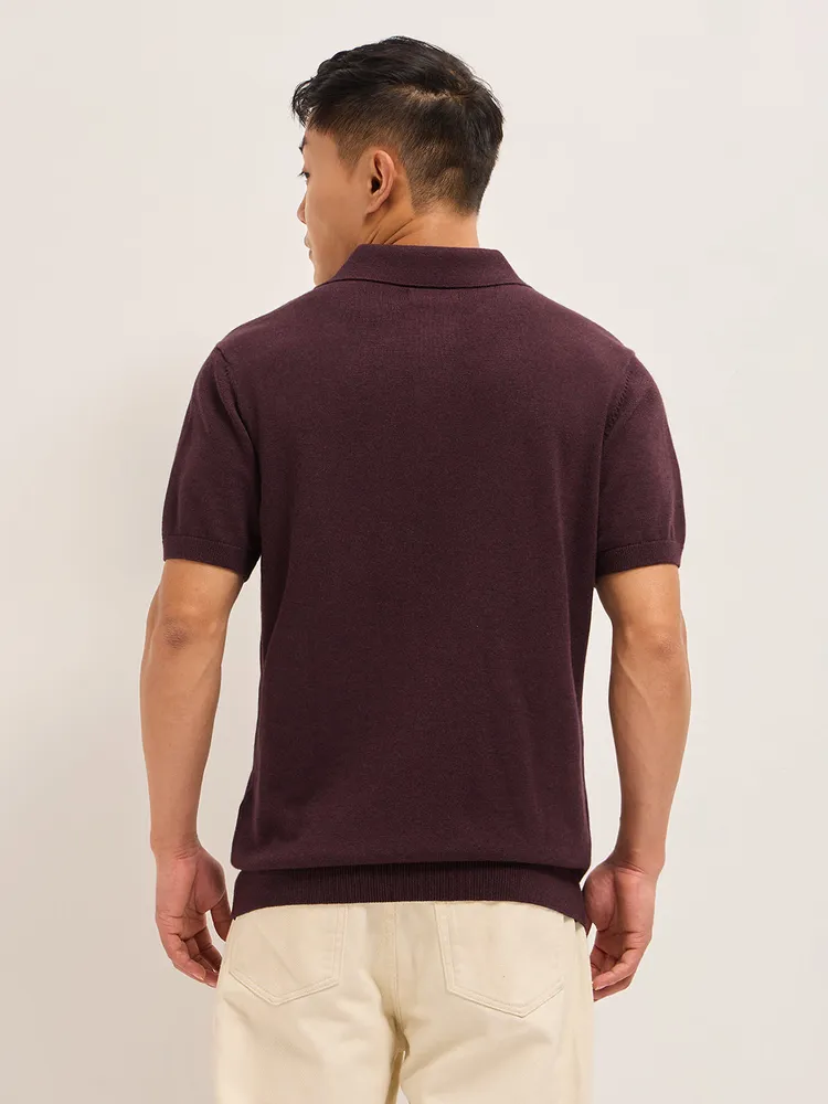 Maroon Textured Knit Solid Regular Fit Polo