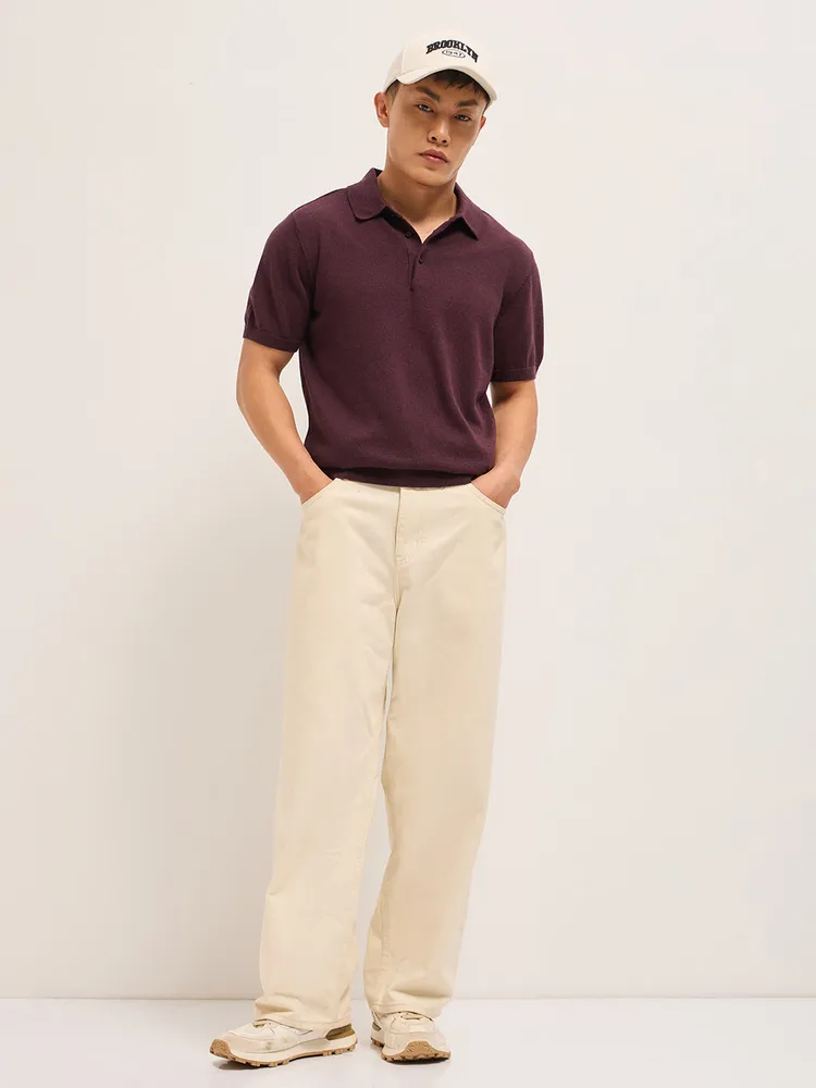 Maroon Textured Knit Solid Regular Fit Polo