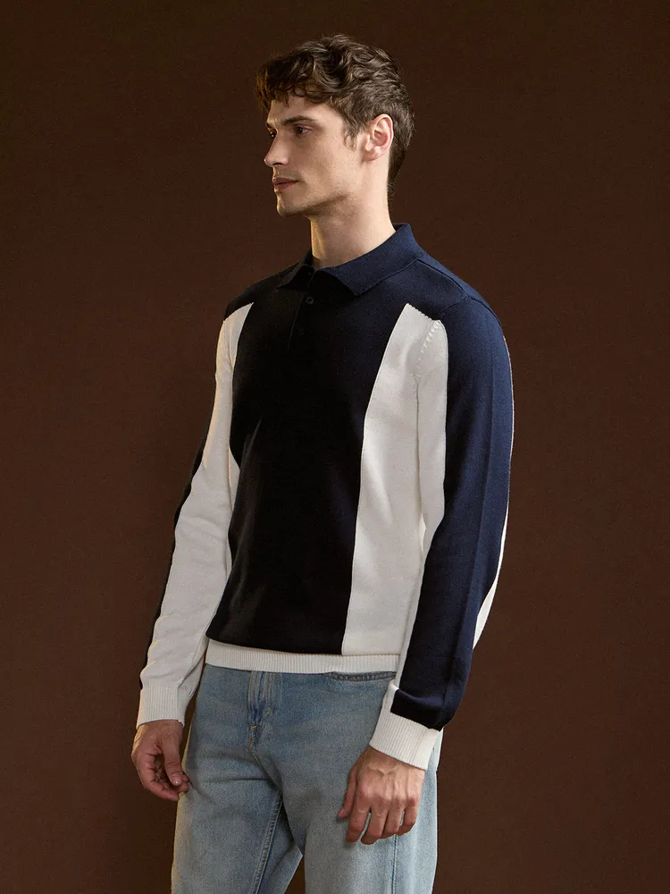 Black and Blue Color-Block Slim Fit Polo with Contrast Panels
