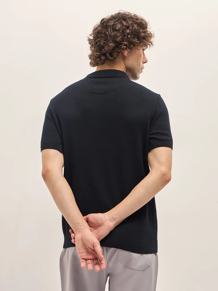 Black Ribbed horizontal textured Regular Fit Polo T-shirt