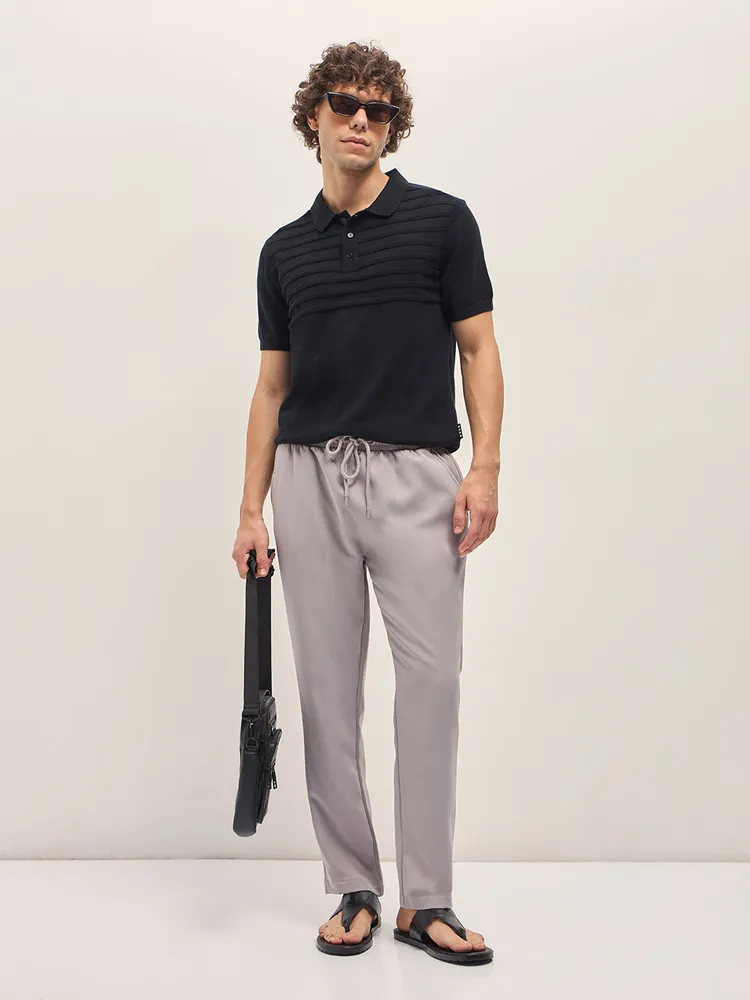 Black Ribbed horizontal textured Regular Fit Polo T-shirt