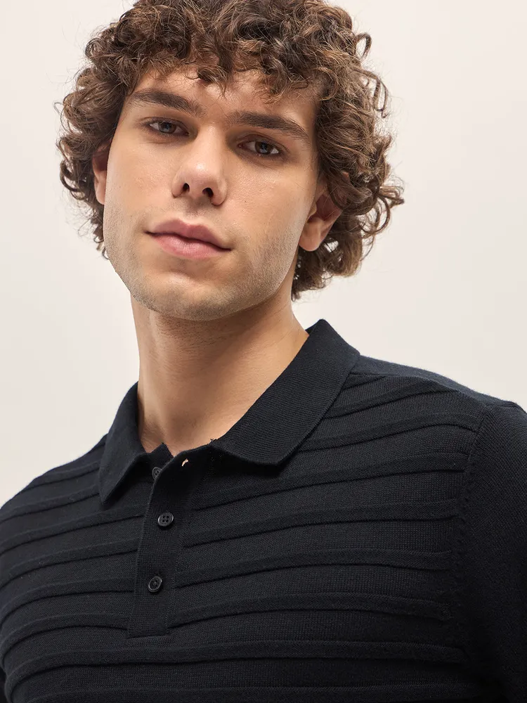 Black Ribbed horizontal textured Regular Fit Polo T-shirt