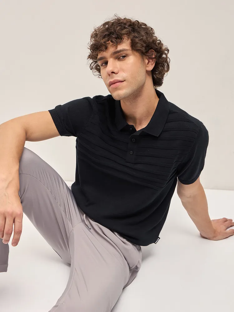 Black Ribbed horizontal textured Regular Fit Polo T-shirt