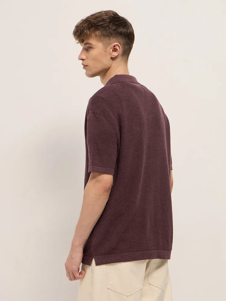 Maroon Textured Knit Relaxed Fit Polo with Button Placket