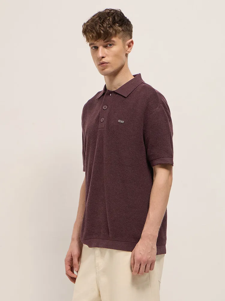 Maroon Textured Knit Relaxed Fit Polo with Button Placket
