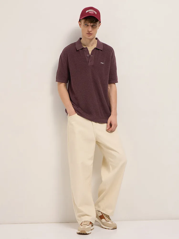 Maroon Textured Knit Relaxed Fit Polo with Button Placket