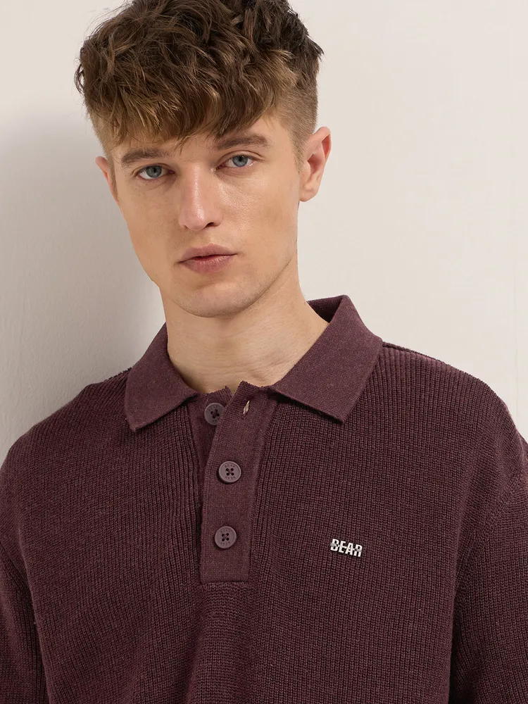 Maroon Textured Knit Relaxed Fit Polo with Button Placket