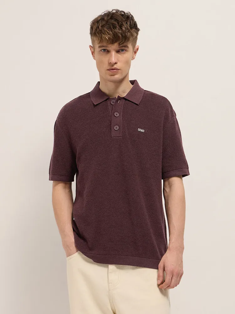 Maroon Textured Knit Relaxed Fit Polo with Button Placket
