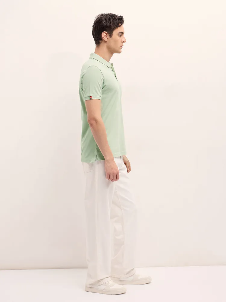 Light Green Solid Regular Fit Polo with Embroidered Chest Logo