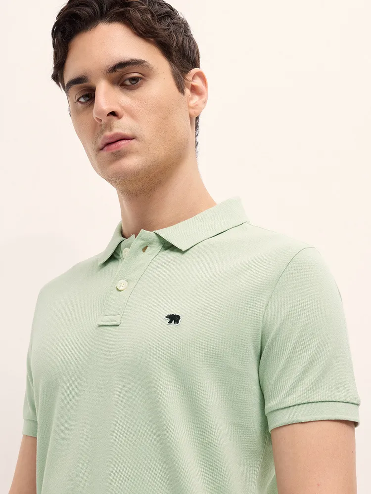 Light Green Solid Regular Fit Polo with Embroidered Chest Logo