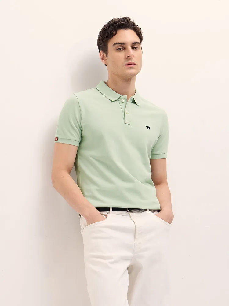 Light Green Solid Regular Fit Polo with Embroidered Chest Logo