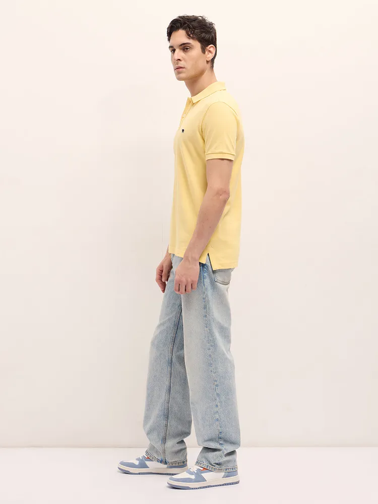 Yellow Solid Regular Fit Polo with Embroidered Chest Logo