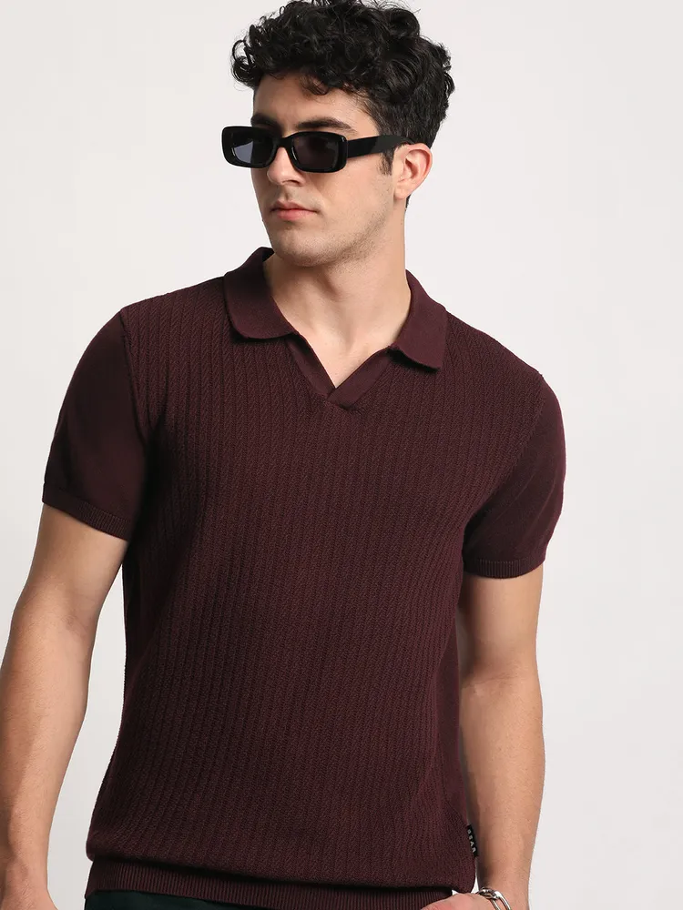 Men Maroon Striped Regular Fit Polo Collar T-shirt