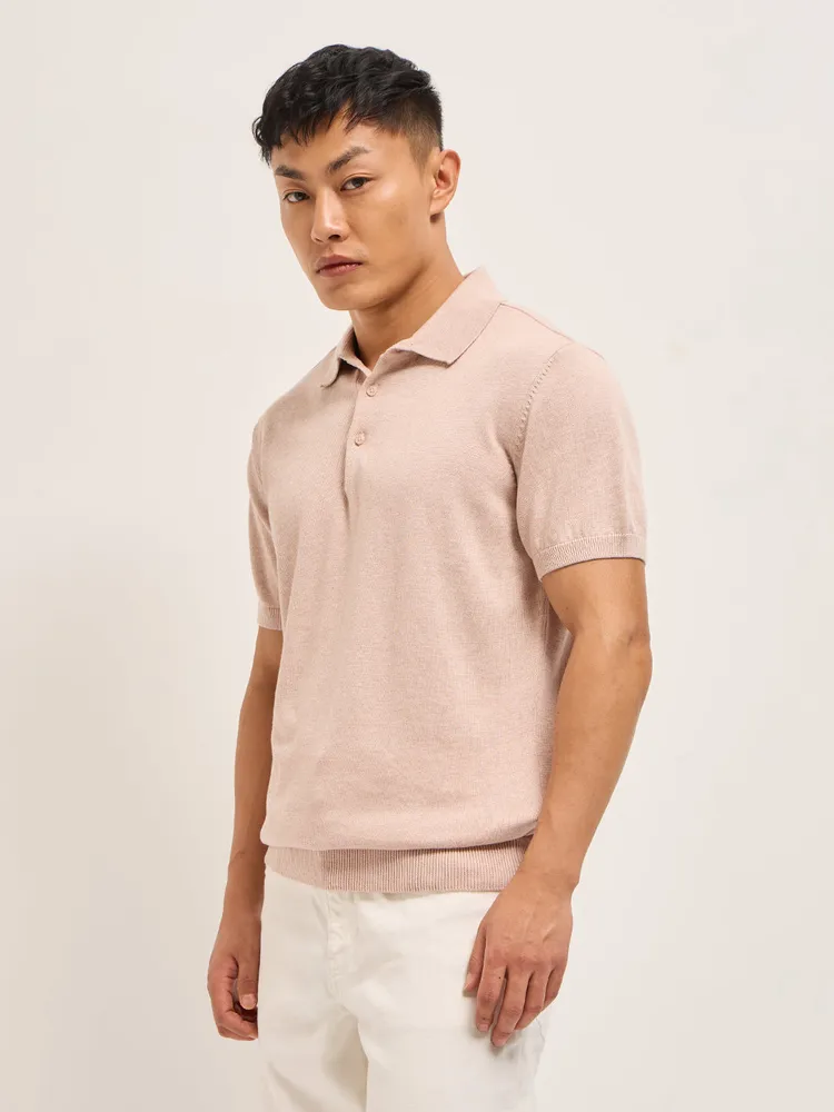 Pink Textured Knit Solid Regular Fit Polo