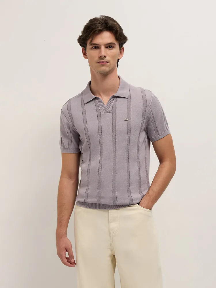 Purple Textured vertical knit stripes Slim Fit Polo