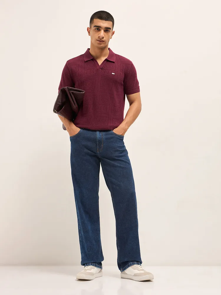 Maroon Slim Fit Polo with Geometric Perforated Texture Design