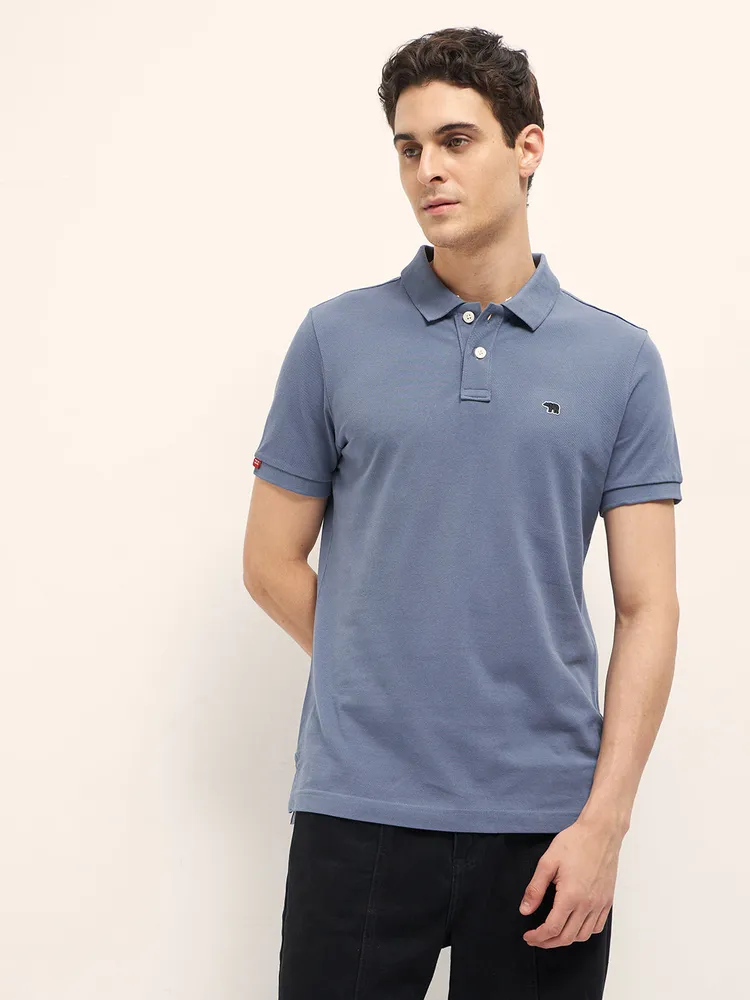 Blue Solid Regular Fit Polo with Embroidered Chest Logo