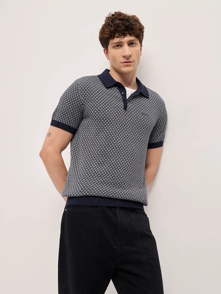Multicolor Geometric textured Knit Slim Fit Polo