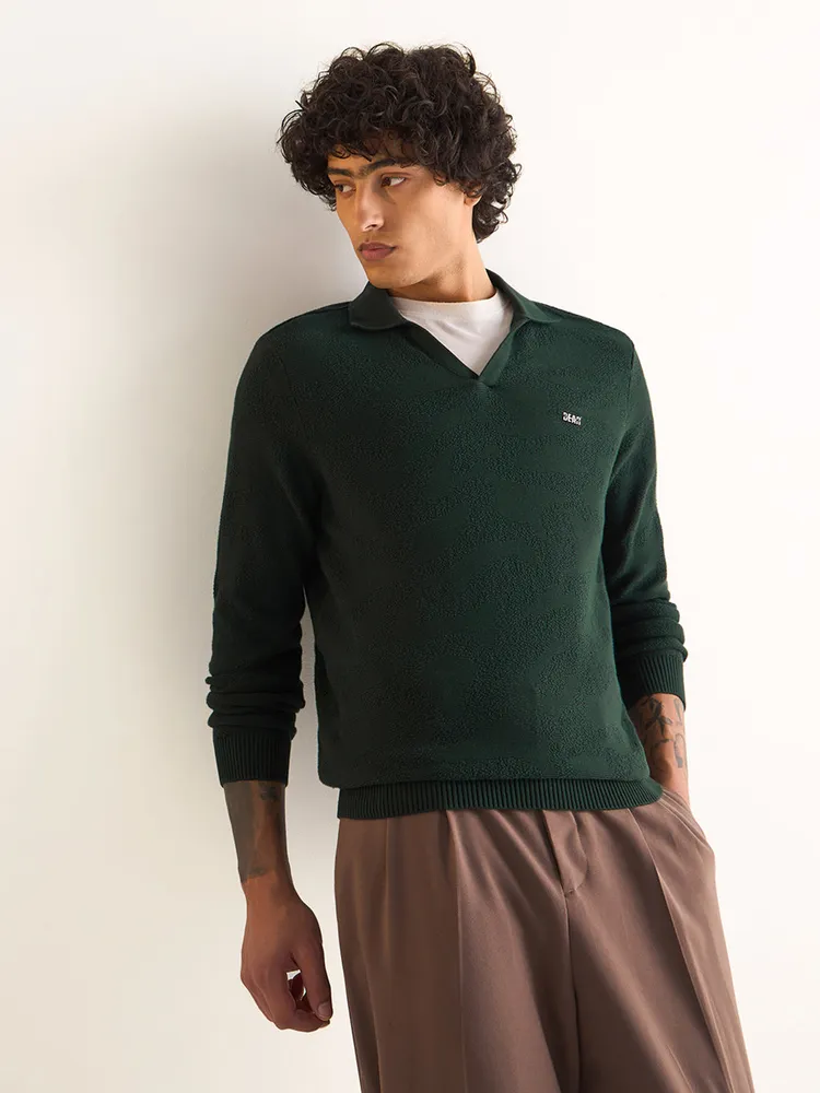 Green Textured Knit Slim Fit Polo with V-Neck Opening
