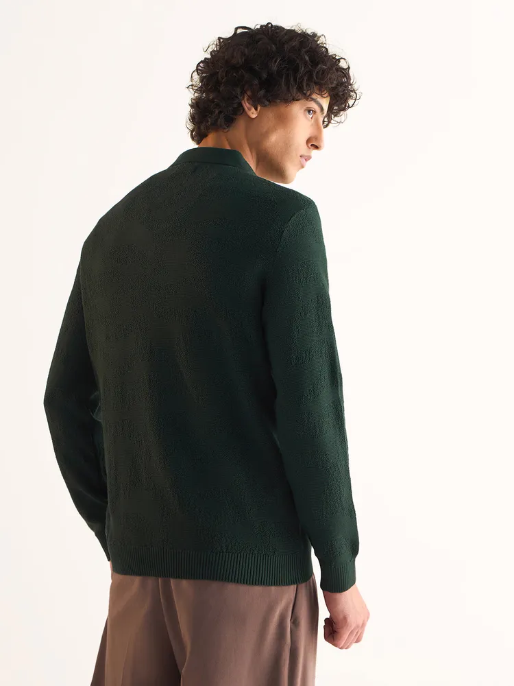 Green Textured Knit Slim Fit Polo with V-Neck Opening