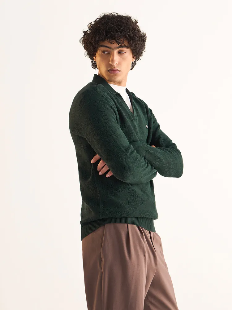 Green Textured Knit Slim Fit Polo with V-Neck Opening