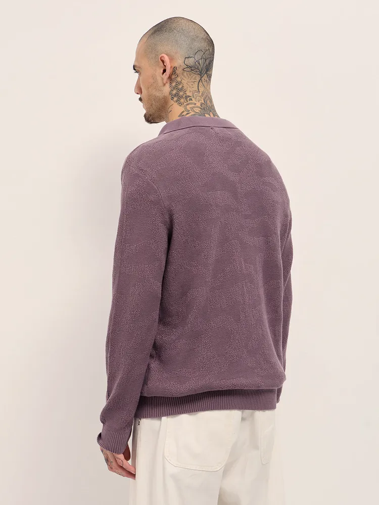 Purple Textured Knit Slim Fit Polo with V-Neck Opening