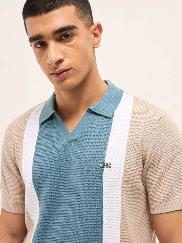 Multi-Color Colorblock Polo T-Shirt with Regular Fit & Metal Logo Detail