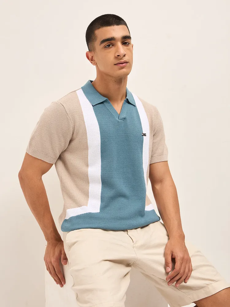 Multi-Color Colorblock Polo T-Shirt with Regular Fit & Metal Logo Detail