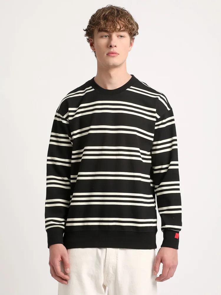 Men Black Striped Relaxed Fit Sweatshirt